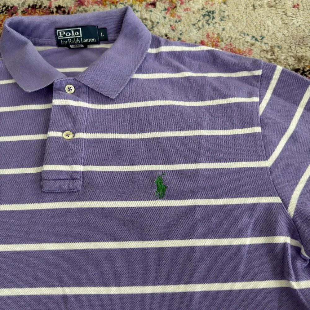 Vintage Y2K Polo Ralph Lauren Striped Polo Shirt Large Purple White Green Pony